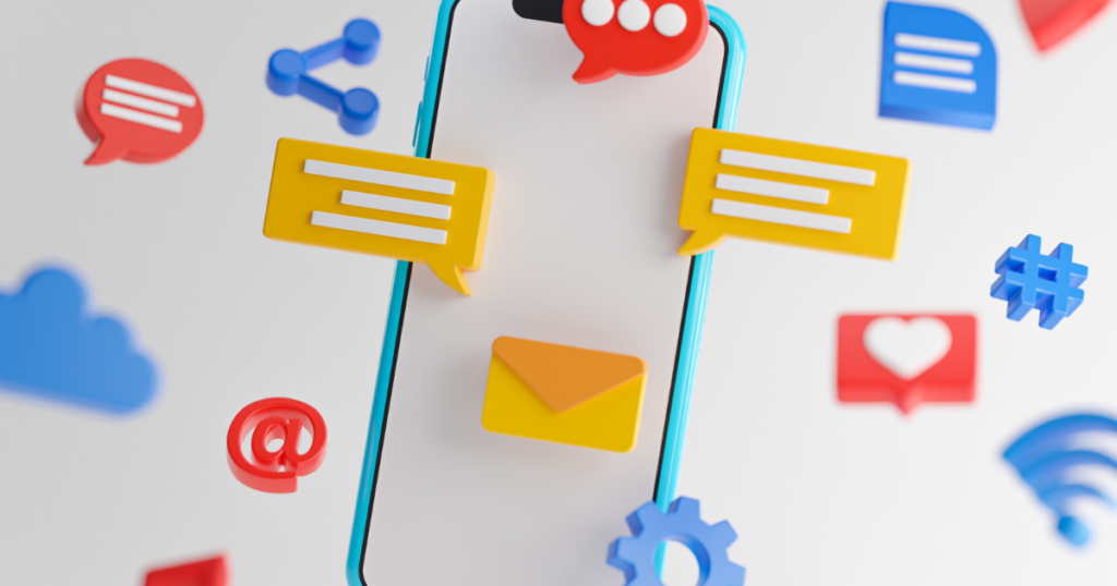 Social Media with 3D pop-up messages, chats and other icons on a blank phone
